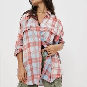 American Eagle Outfitters Red and Blue Plaid Button Down Shirt